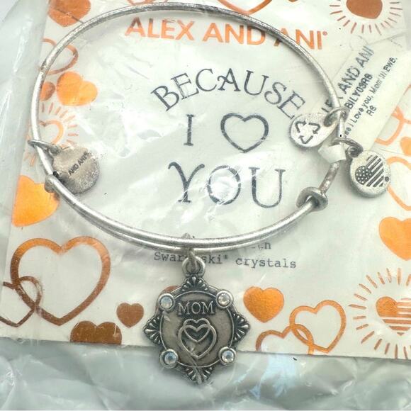 Alex & Ani I Love You Mom Bracelet Silver Bangle Charm NWT Swarovski Crsytal - Picture 2 of 5
